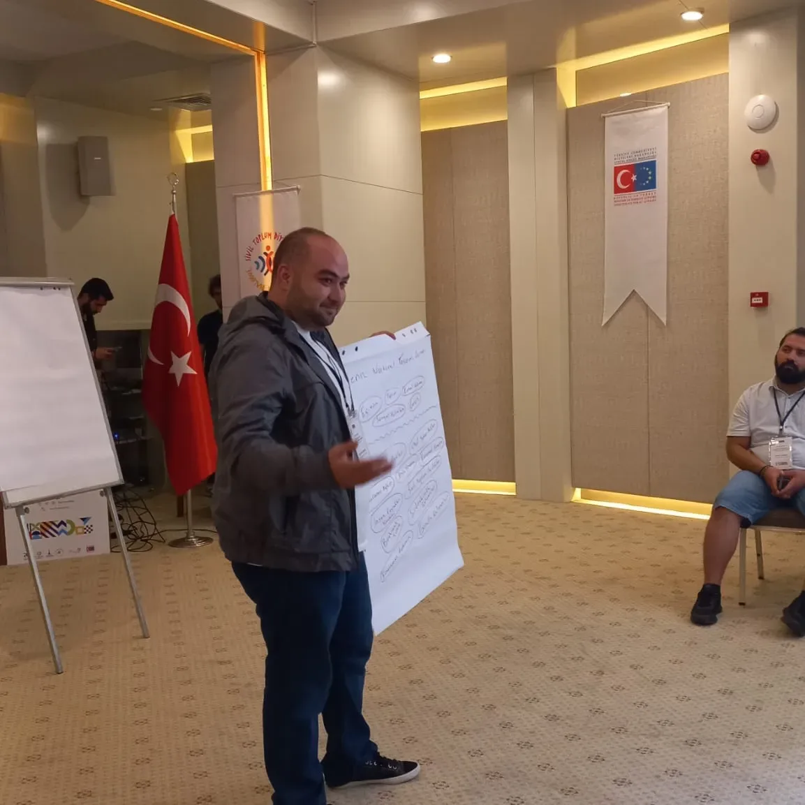 A person addressing participants while holding a sheet of handwritten presentation notes in the conference room
