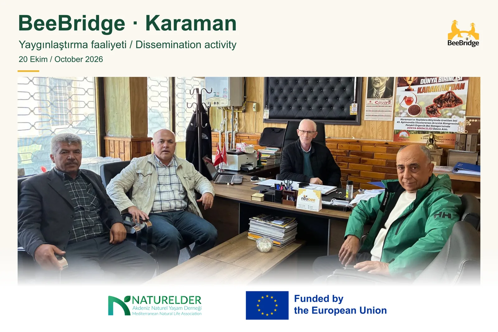 BeeBridge Karaman dissemination cover: the original meeting photograph, 20 October 2026 date, BeeBridge and NATURELDER logos, and the European Union funding credit