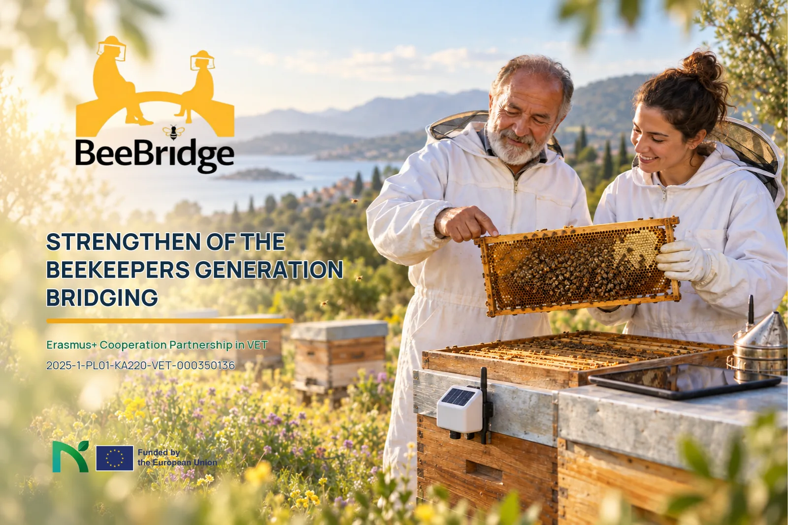 BeeBridge project artwork: two beekeepers examining a honeycomb frame together, with the project title and European Union funding credit