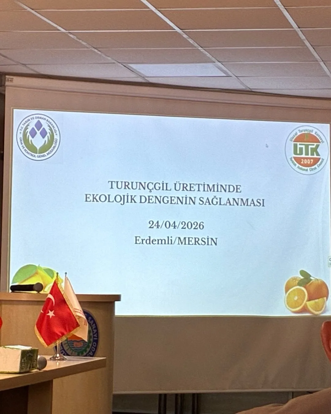 Sunum ekranında Turunçgil Üretiminde Ekolojik Dengenin Sağlanması başlığı, 24 Nisan 2026 tarihi ve Erdemli, Mersin bilgisi