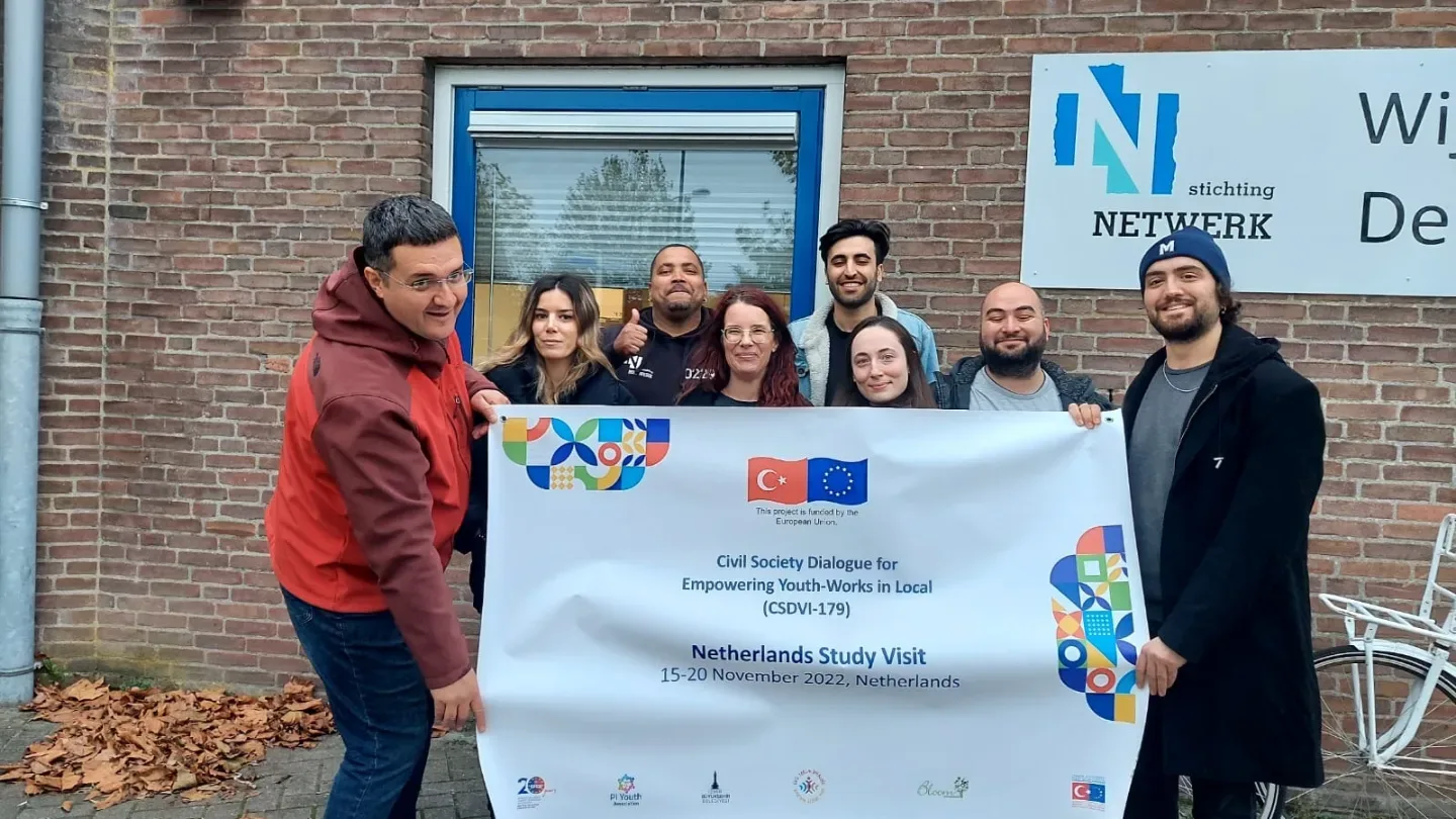Participants in the Netherlands study visit holding the project banner outside Stichting Netwerk
