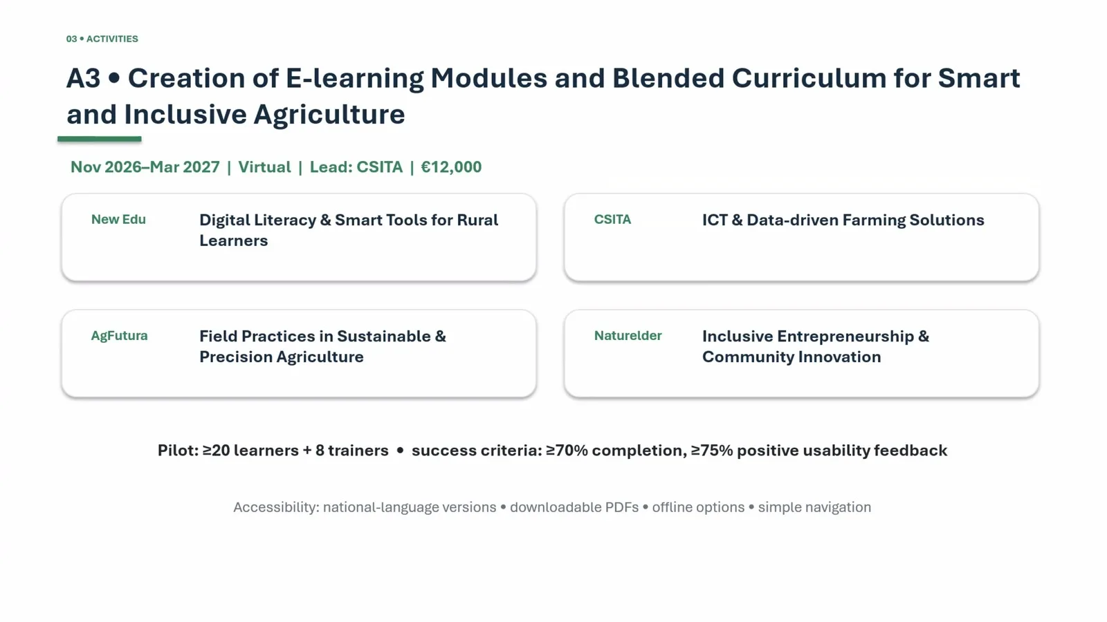 A presentation slide showing the four planned OPEN FIELDS learning modules and partner contributions