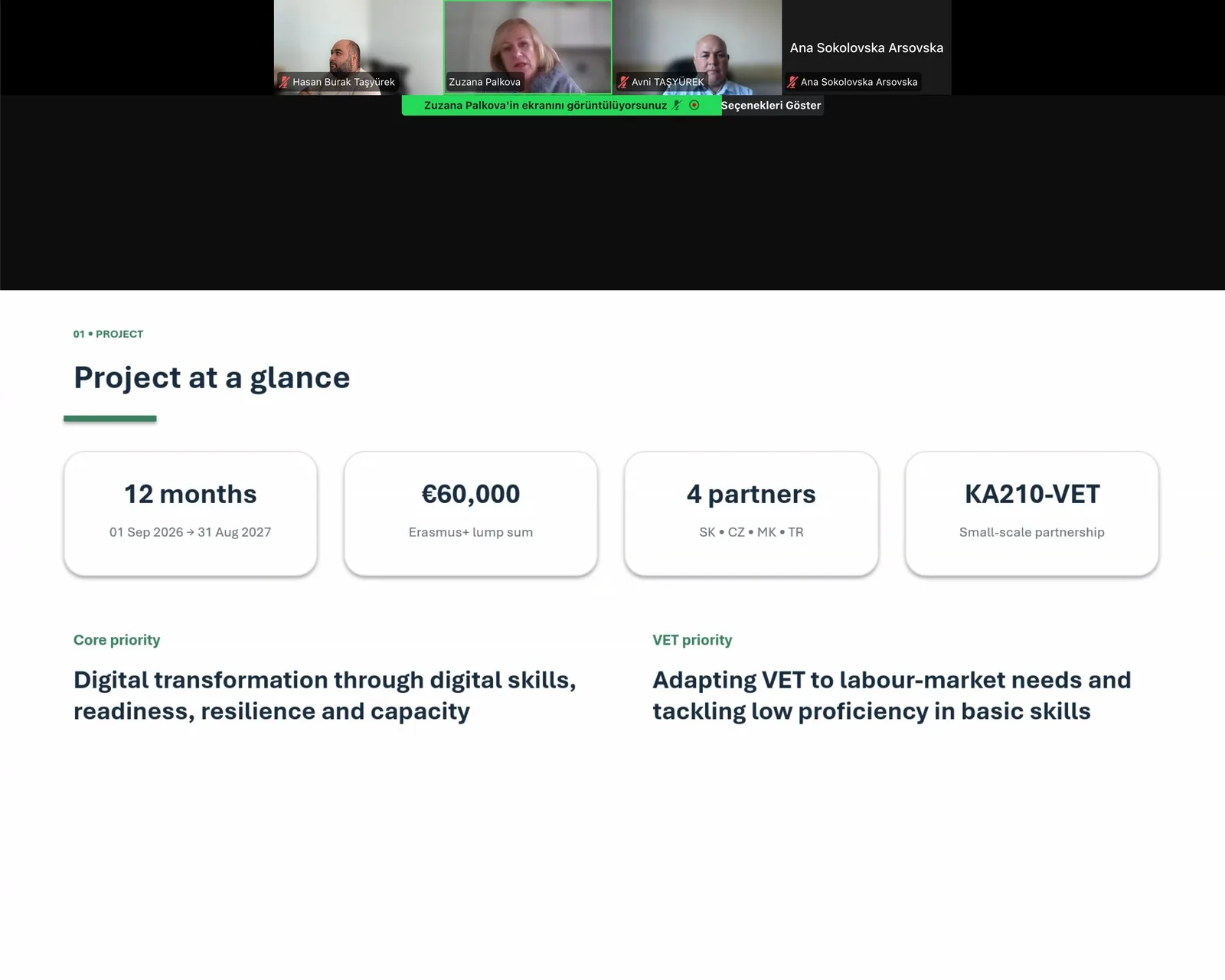 Participants in the OPEN FIELDS online kick-off meeting and a presentation showing the project duration, grant and partnership