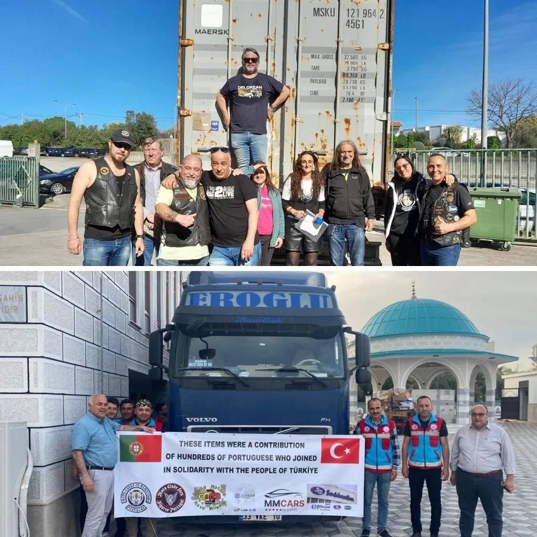 Üstte konteyner önündeki gönüllüleri, altta kamyon önünde Portekiz ve Türkiye bayraklı dayanışma pankartını tutan grubu gösteren iki fotoğraflı kolaj