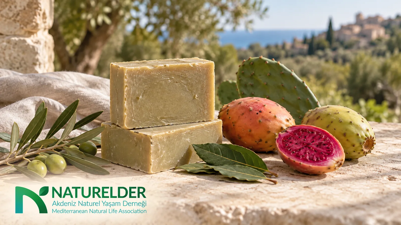 An illustrative cover showing prickly pear fruit, soap, an olive branch and laurel leaves, with the NATURELDER logo at the bottom