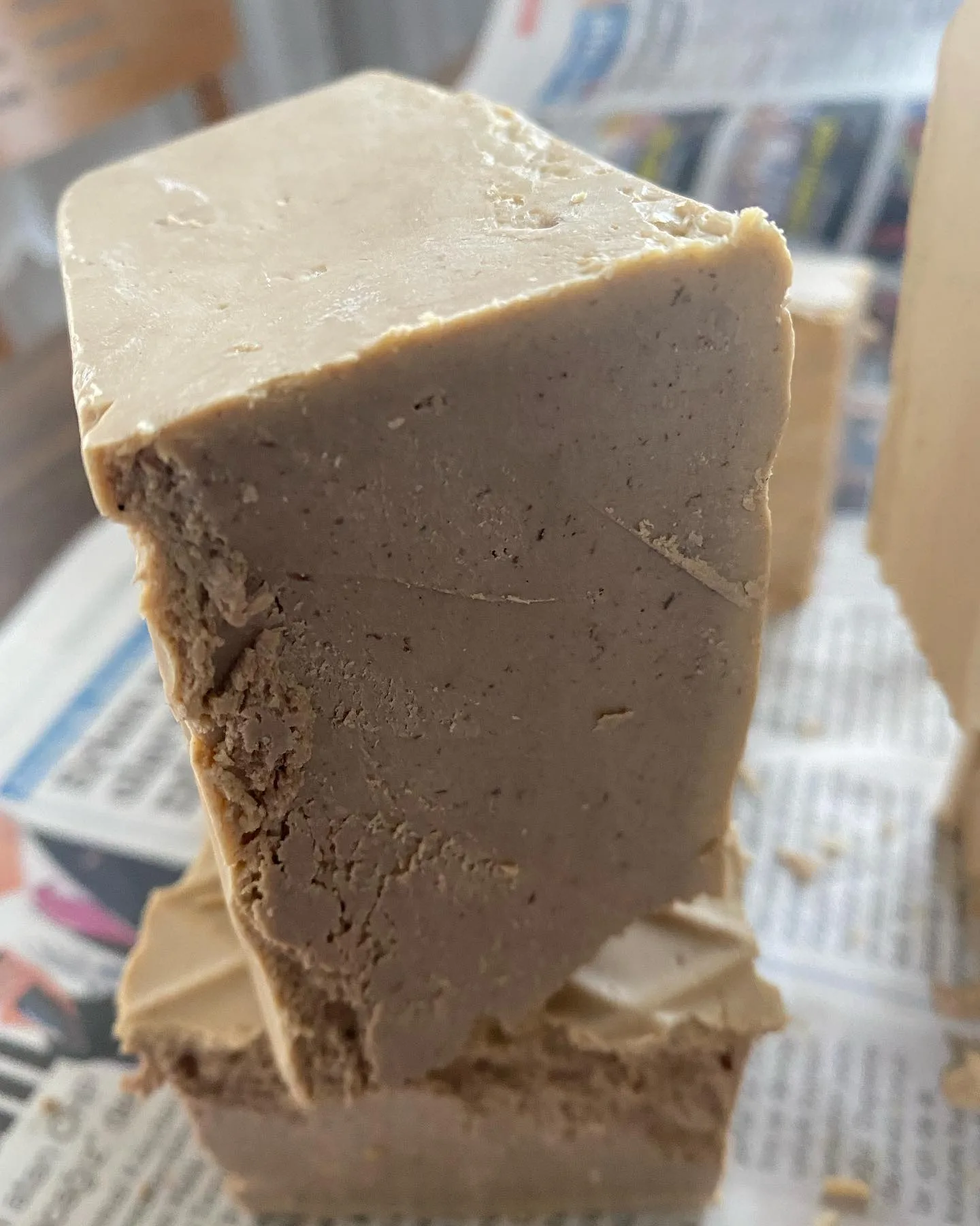 A close-up of the soap made from prickly pear in our research and development work
