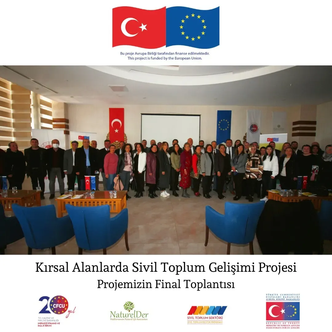Kırsal Alanlarda Sivil Toplum Gelişimi Projesinin final toplantısında bir araya gelen kamu ve sivil toplum temsilcilerinin toplu fotoğrafını içeren özgün paylaşım görseli